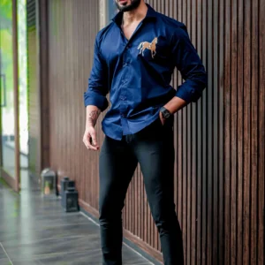 Alternative view of Horse golden embroidered blue premium shirt for men