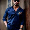 Horse golden embroidered blue premium shirt for men