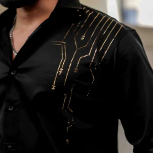 Alternative view of Black club wear satin cotton party shirt