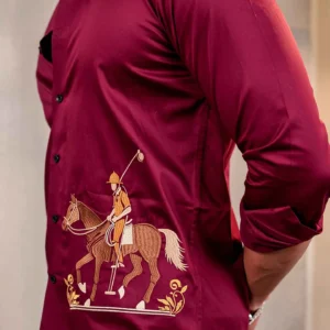 Alternative view of Maroon Rider embroidered luxury satin cotton men's shirt