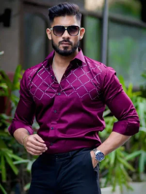Starry beaded wine berry premium cotton shirt